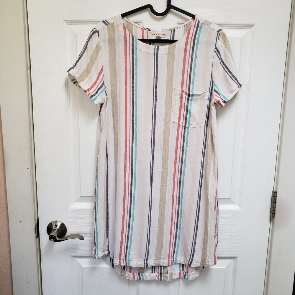 Cloth & Stone White Striped Linen Blend Short Sleeve Button Back Shirt D…